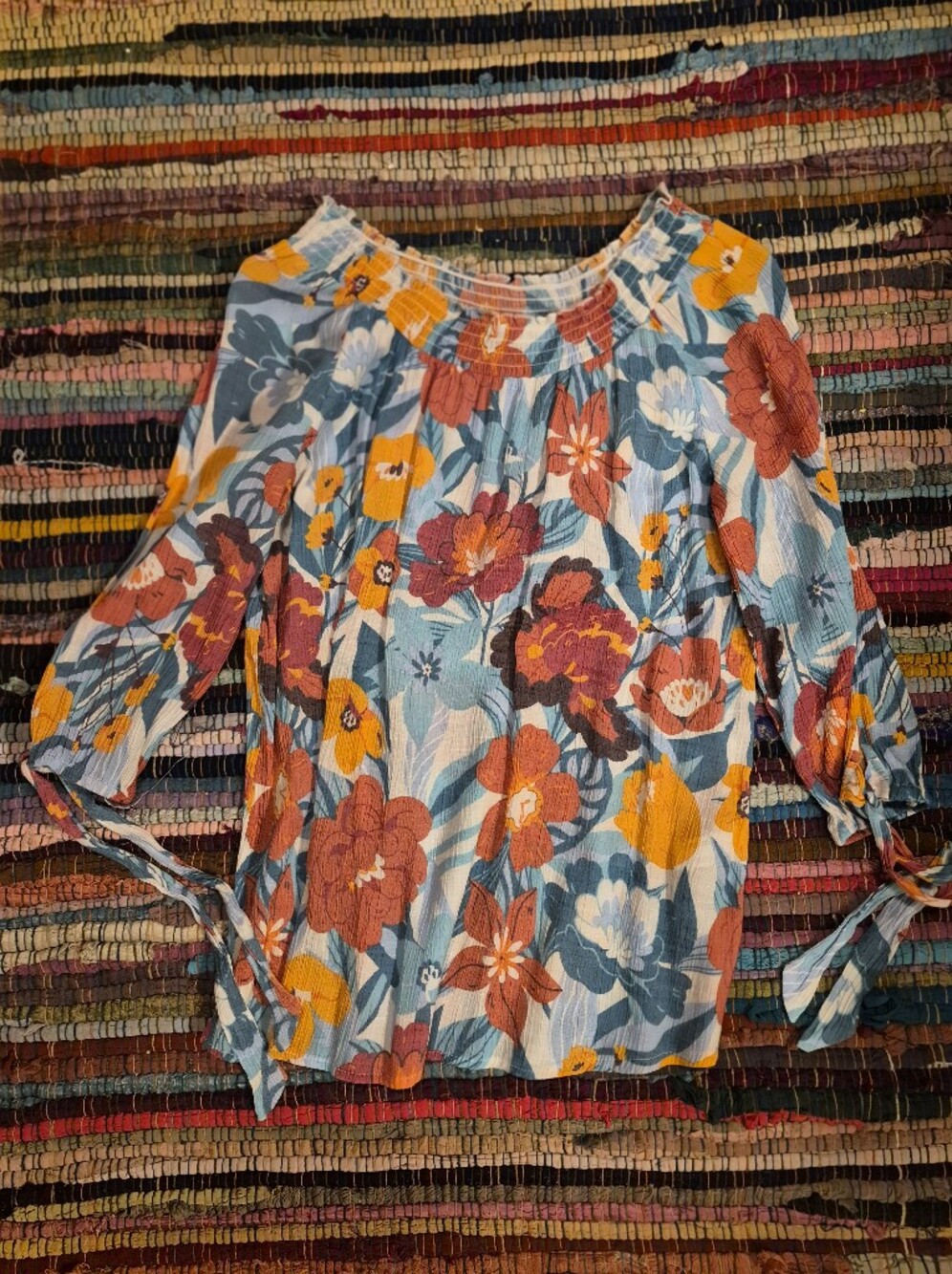By Design Floral Tie-Waist Boho Top in Teal, Mustard & Rust